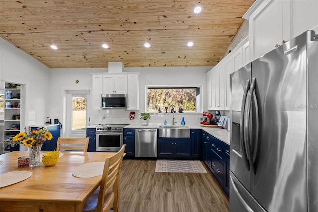 kitchen with dark hardwood / wood-style flooring, blue cabinets, wooden ceiling, white cabinetry, and appliances with stainless steel finishes