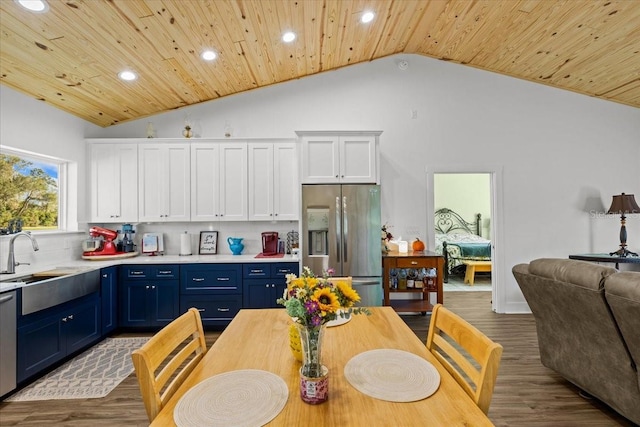 kitchen featuring stainless steel appliances, wooden ceiling, white cabinetry, hardwood / wood-style floors, and blue cabinetry