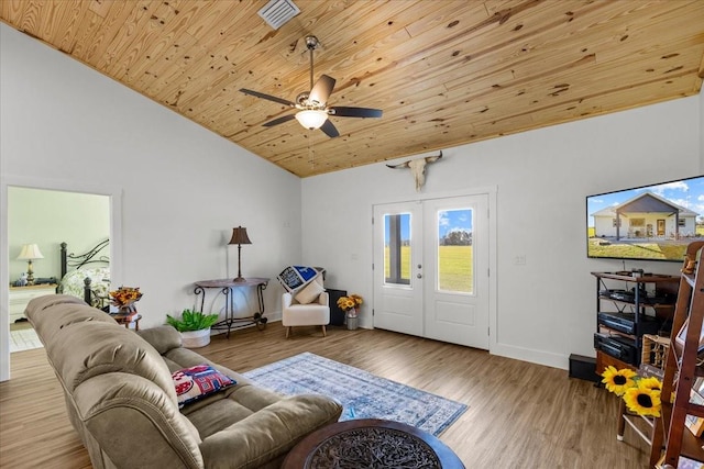 living room with wooden ceiling, ceiling fan, light hardwood / wood-style flooring, and french doors