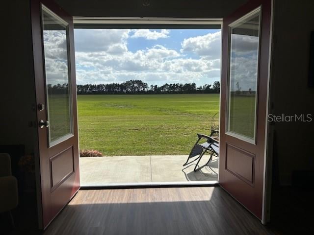 doorway to outside featuring dark hardwood / wood-style flooring, a healthy amount of sunlight, and a rural view