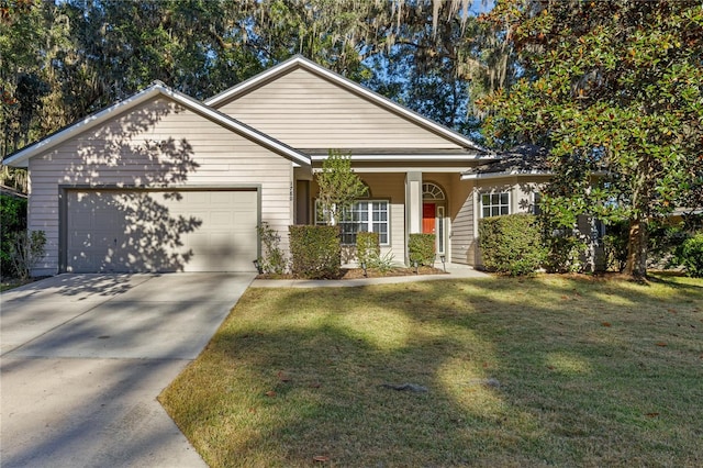 view of front of house with concrete driveway, an attached garage, and a front lawn