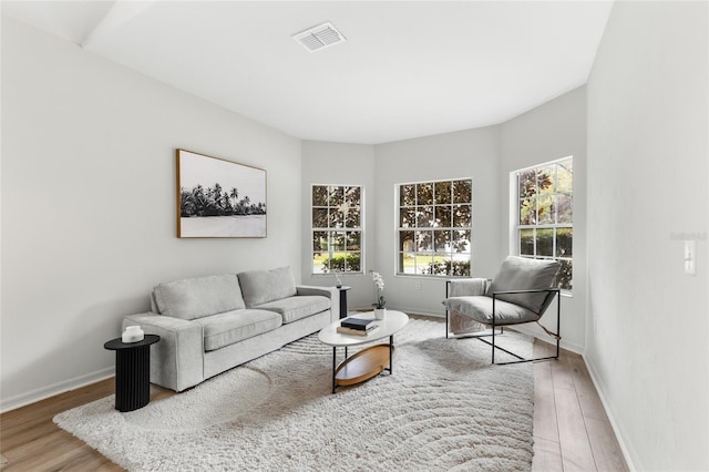 living area with visible vents, wood finished floors, and baseboards