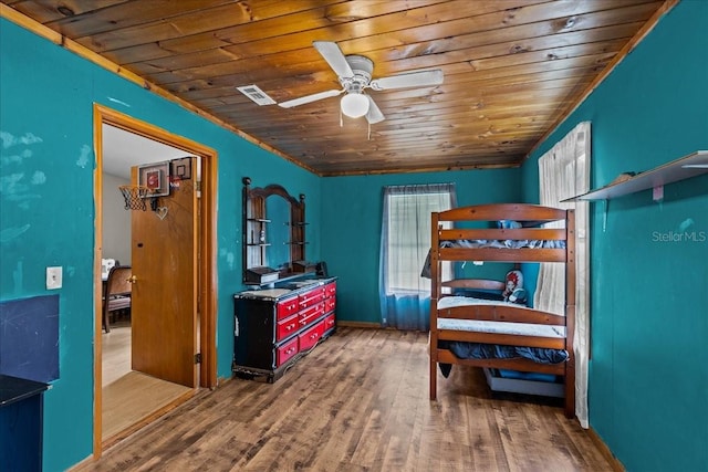 bedroom featuring wooden ceiling, wood-type flooring, and ceiling fan