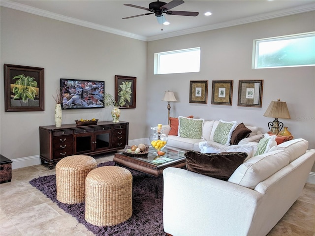 6475 SW 74th Dr, Gainesville, FL 32608 - living area featuring ceiling fan, ornamental molding, baseboards, and recessed lighting