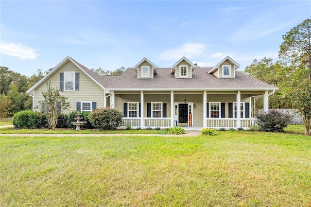 cape cod-style house with covered porch, a front yard, and a shingled roof