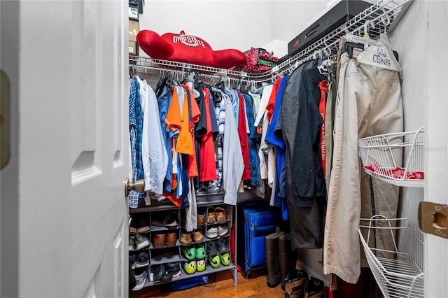 walk in closet with hardwood / wood-style flooring