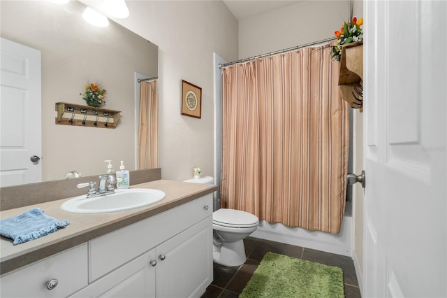 bathroom with toilet, vanity, tile patterned floors, and shower / bath combination with curtain