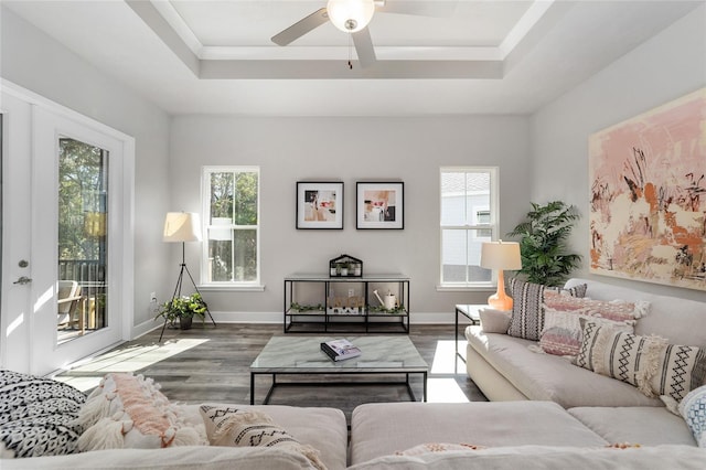 living room featuring dark hardwood / wood-style floors, ceiling fan, and a tray ceiling