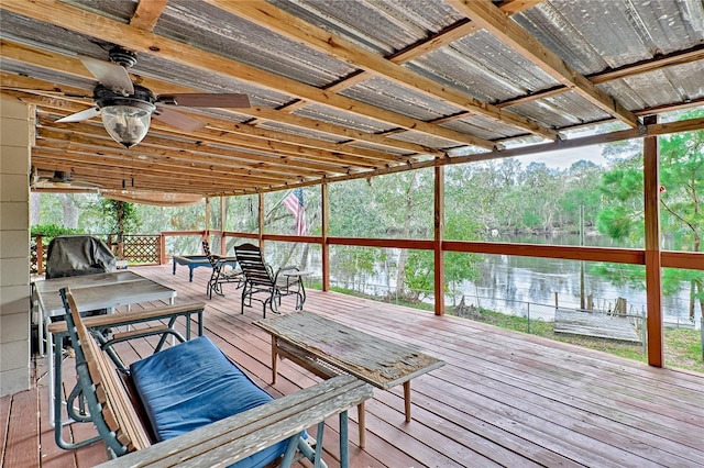 deck with a ceiling fan, fence, and a grill