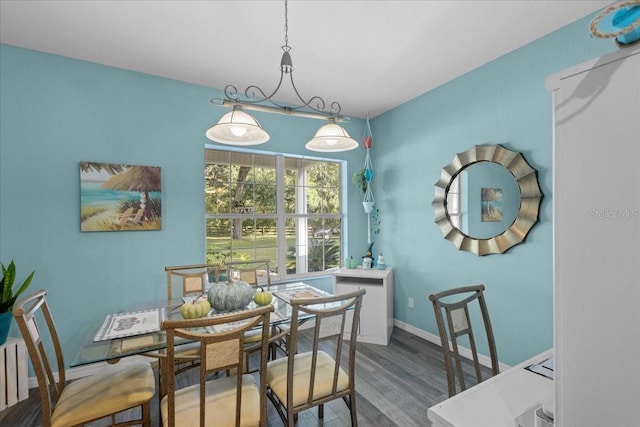 dining space featuring wood-type flooring