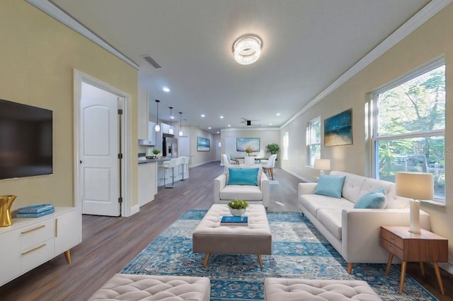 living room featuring wood-type flooring and crown molding