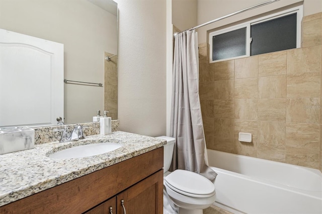 full bathroom with toilet, vanity, and shower / bathtub combination with curtain