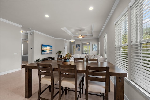 1237 NW 137th Way, Newberry, FL 32669 - dining area featuring recessed lighting, a ceiling fan, ornamental molding, baseboards, and a tray ceiling