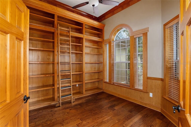 spare room with dark hardwood / wood-style flooring, wood walls, ceiling fan, and crown molding