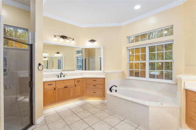 bathroom with tile patterned flooring, vanity, plus walk in shower, and ornamental molding