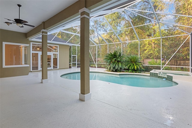 view of pool featuring a patio, a lanai, and ceiling fan