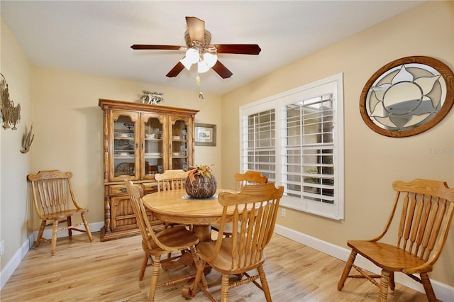 dining room with light hardwood / wood-style floors and ceiling fan