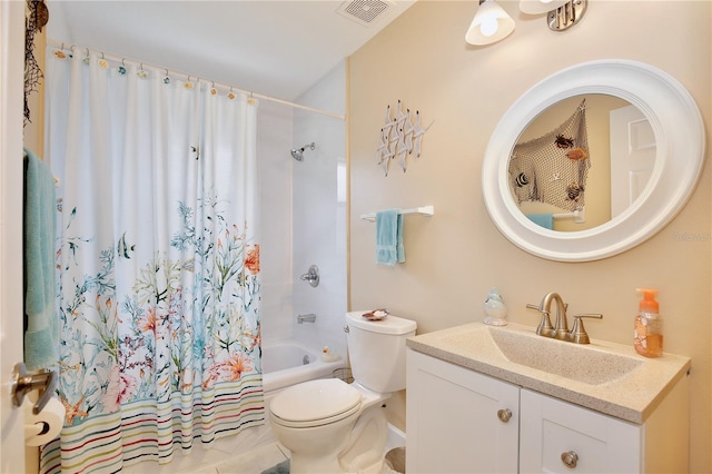 full bathroom featuring toilet, shower / bath combo, and vanity