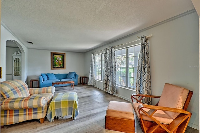 living room featuring a textured ceiling, light hardwood / wood-style floors, and crown molding