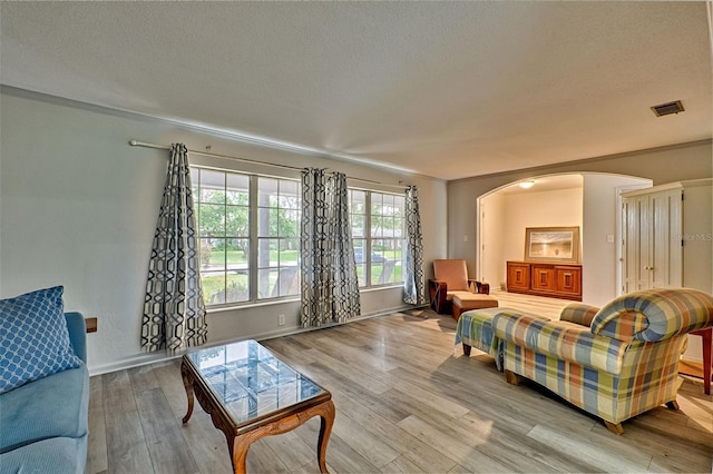 living room featuring a textured ceiling, light wood-type flooring, and ornamental molding