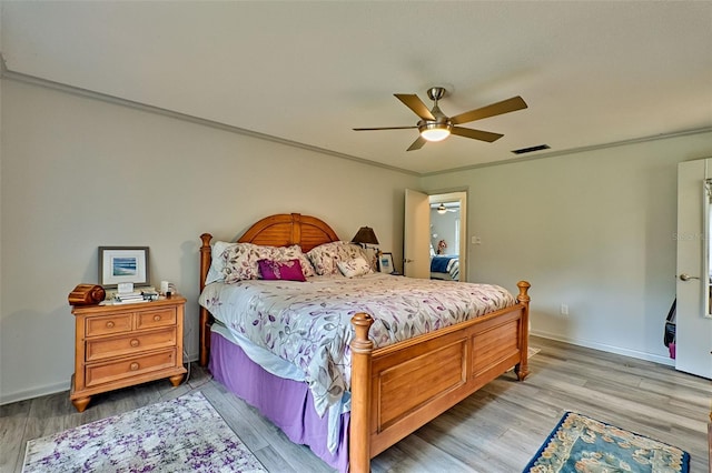 bedroom featuring ceiling fan and light hardwood / wood-style flooring