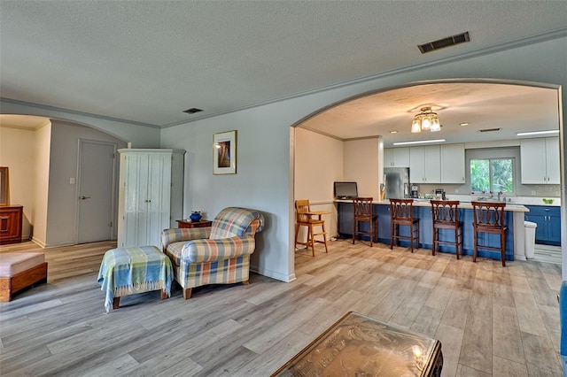 living room featuring light hardwood / wood-style floors, a textured ceiling, and ornamental molding