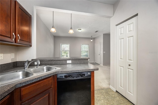 kitchen with light carpet, sink, hanging light fixtures, black dishwasher, and kitchen peninsula