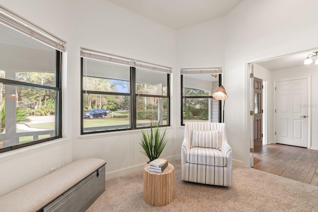 living area with hardwood / wood-style floors and vaulted ceiling