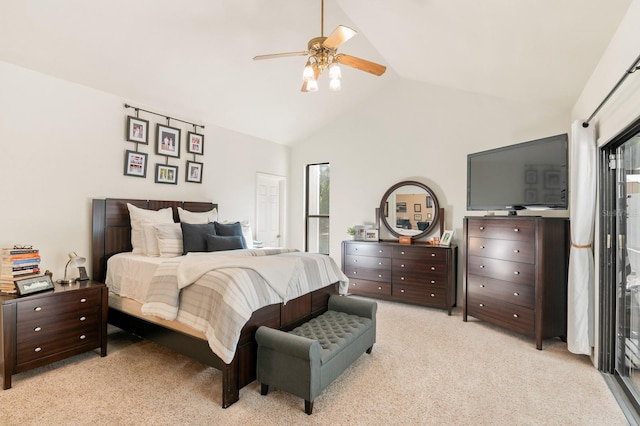 bedroom featuring ceiling fan, light carpet, and high vaulted ceiling