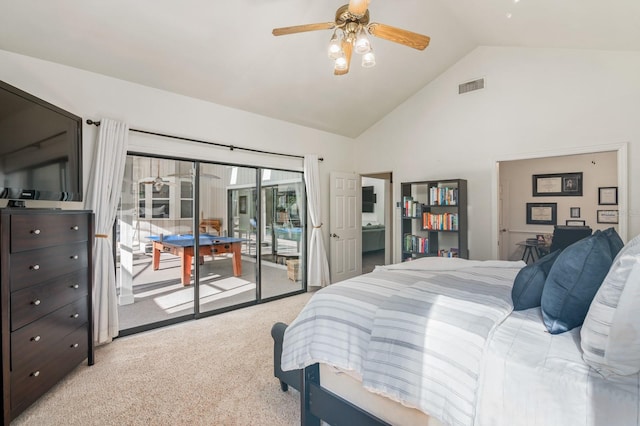 bedroom featuring access to outside, light carpet, ceiling fan, and high vaulted ceiling