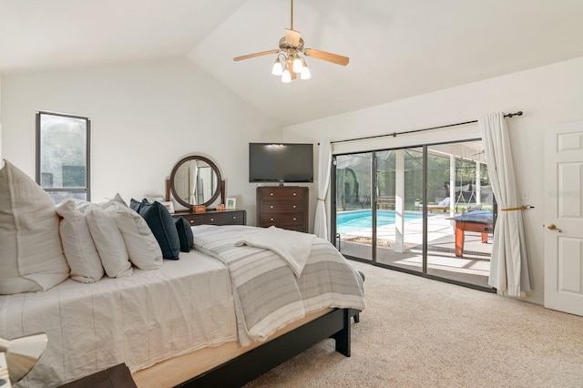 bedroom featuring access to exterior, light carpet, vaulted ceiling, and ceiling fan