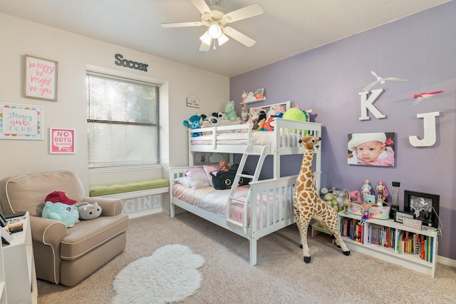 bedroom with ceiling fan and carpet floors