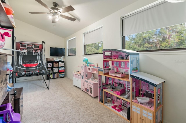 playroom with carpet, ceiling fan, and lofted ceiling