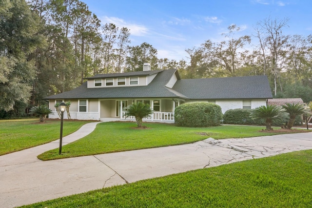 view of front of house featuring a porch and a front lawn