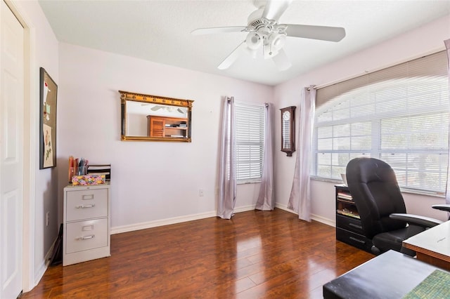 home office with ceiling fan and dark hardwood / wood-style flooring