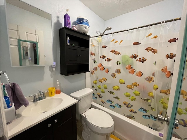 full bathroom with vanity, shower / bath combo with shower curtain, and toilet