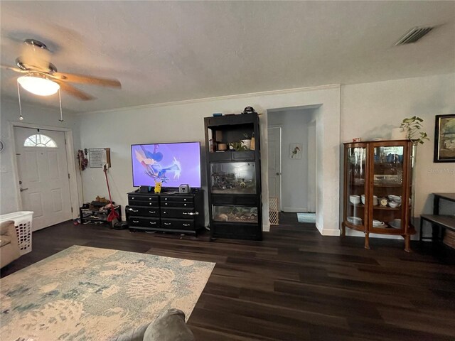 living room featuring dark wood-type flooring, ceiling fan, and ornamental molding