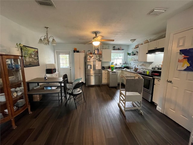 kitchen with appliances with stainless steel finishes, dark hardwood / wood-style floors, hanging light fixtures, sink, and ceiling fan with notable chandelier