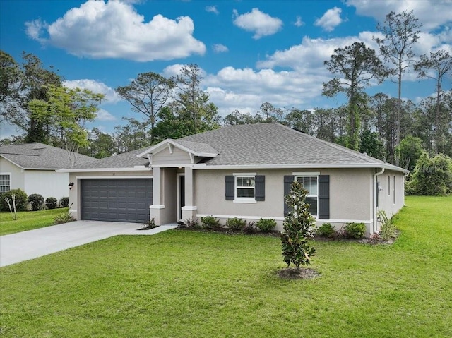 single story home with a garage and a front yard