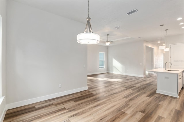 interior space featuring hardwood / wood-style flooring, ceiling fan, and sink