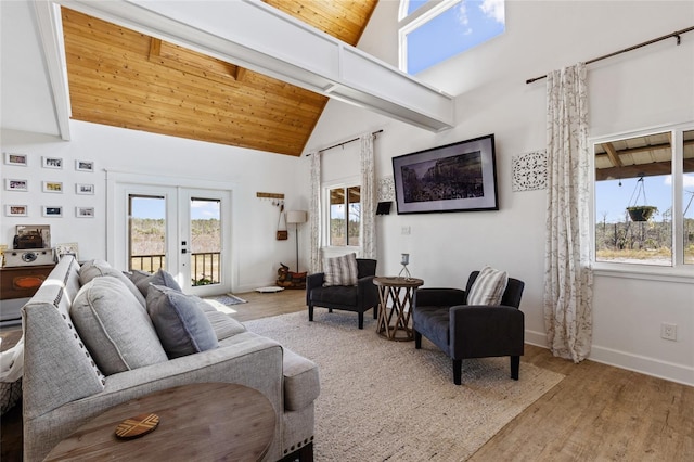 living room featuring french doors, light wood-type flooring, high vaulted ceiling, and wooden ceiling