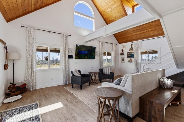 7550 SW 127th Ct, Cedar Key, FL 32625 - living area with wood finished floors, high vaulted ceiling, wooden ceiling, and baseboards