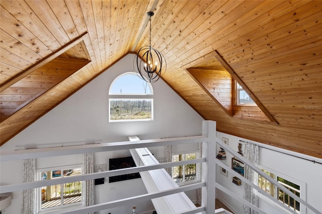 details with beamed ceiling, a notable chandelier, and wood ceiling