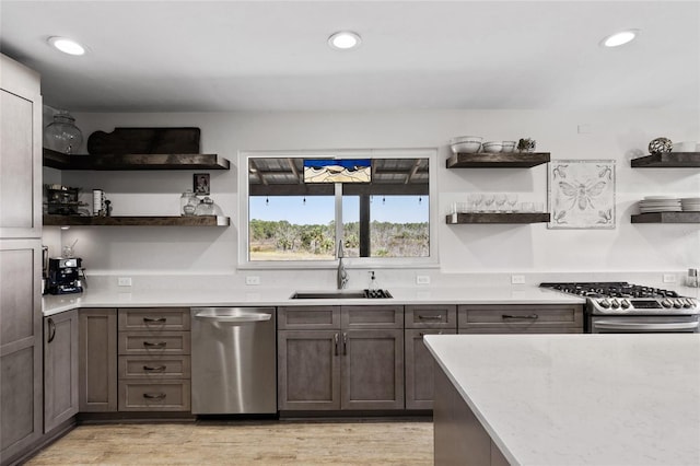 kitchen with sink, light hardwood / wood-style flooring, dark brown cabinets, and appliances with stainless steel finishes