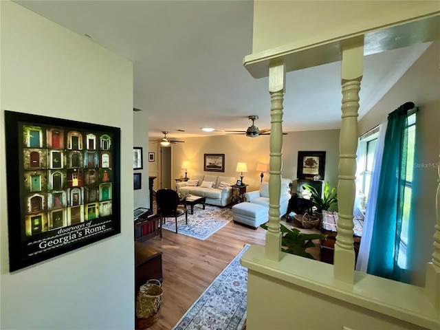 living room with ceiling fan and wood-type flooring