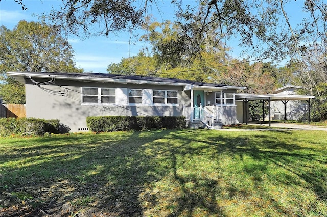 single story home featuring a front yard and a carport