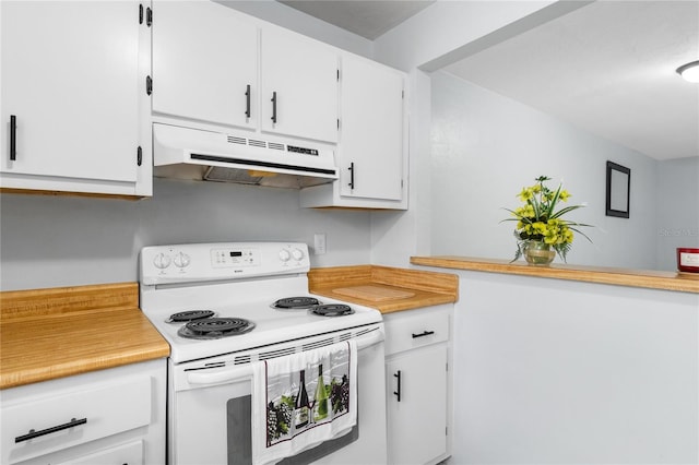 kitchen with white cabinets, light countertops, under cabinet range hood, and white range with electric cooktop