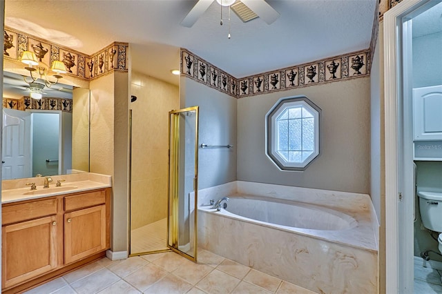 full bathroom featuring tile patterned floors, vanity, separate shower and tub, and toilet