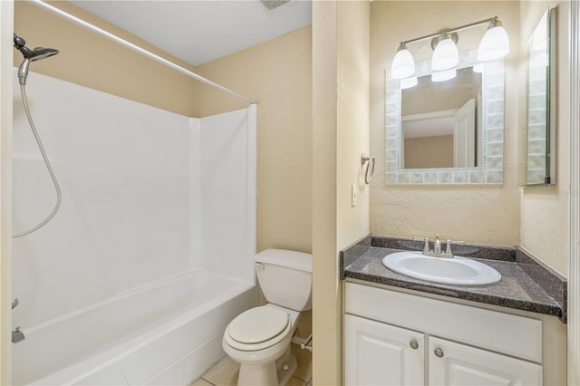 full bathroom with tile patterned flooring, shower / tub combination, vanity, and toilet