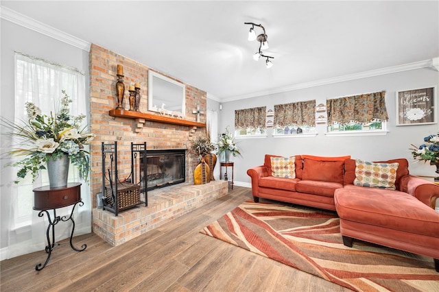 living room with hardwood / wood-style floors, ornamental molding, and a fireplace